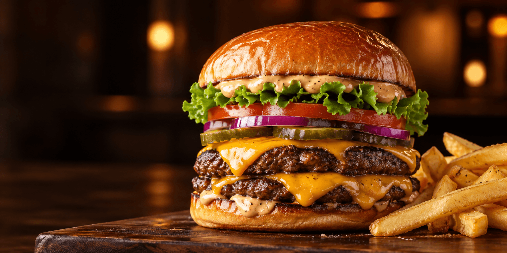 A double Sukari cheeseburger with fresh toppings and golden fries